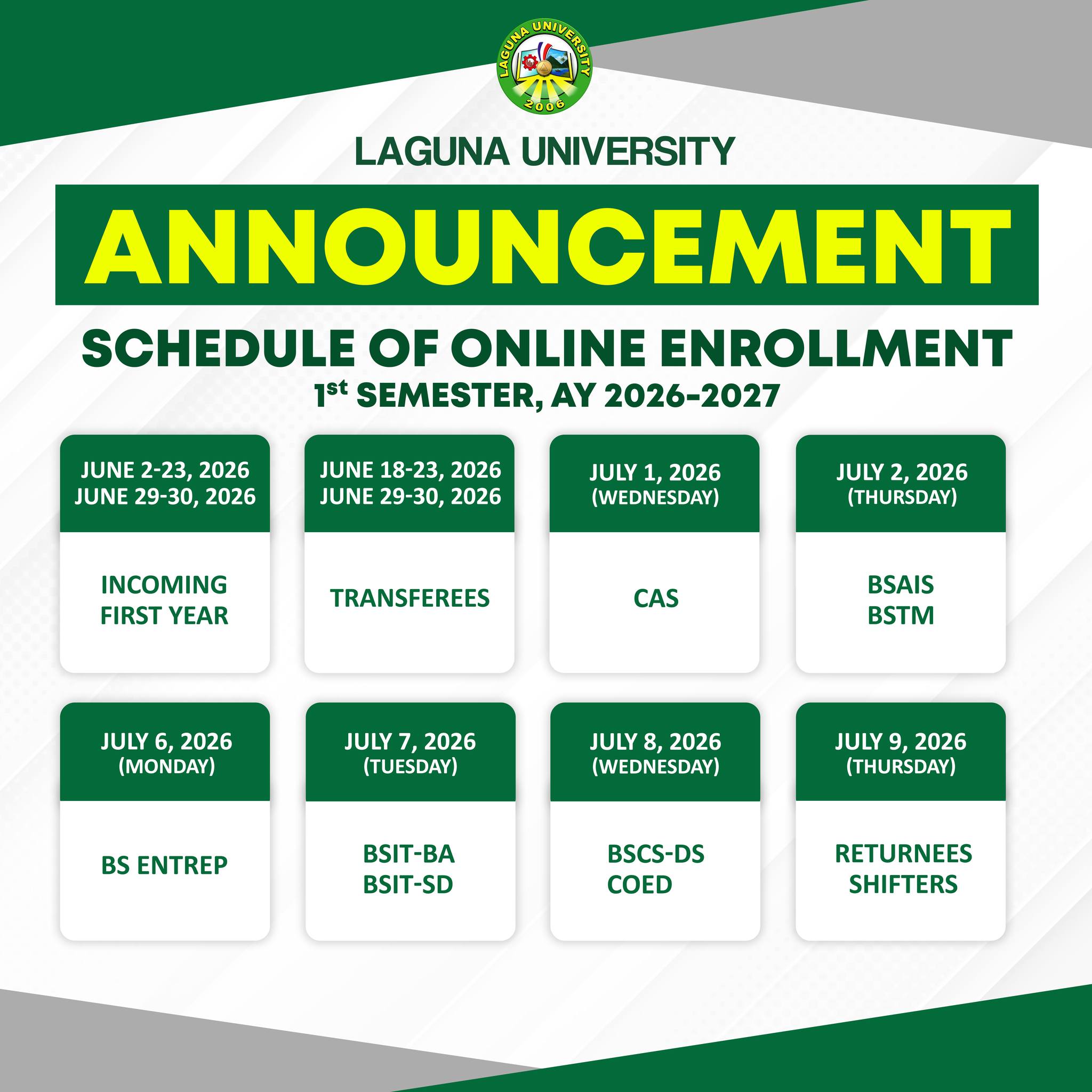Schedulee of Enrollment 2026-2027